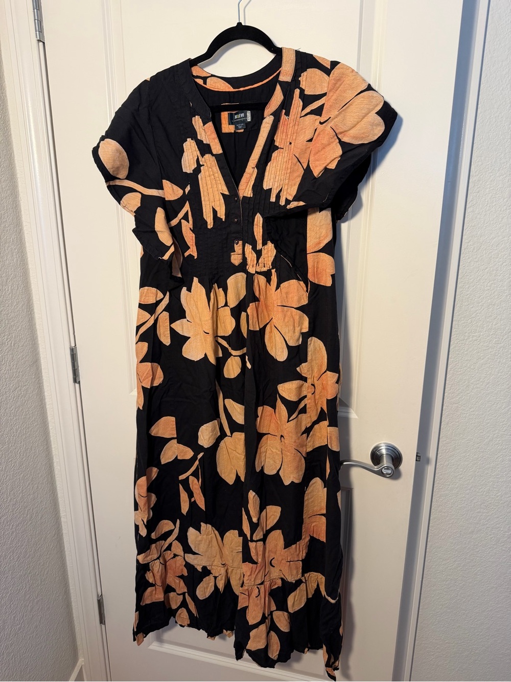 Anthropologie Black Maxi Dress with Peach Floral Print